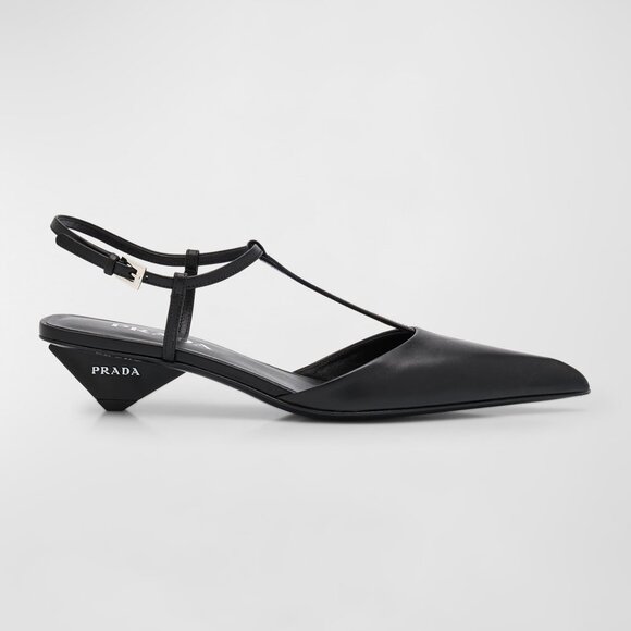 PRADA Modellerie Pointed Toe T Strap Ballerina Ballet Pumps Kitten Heels - Picture 1 of 15